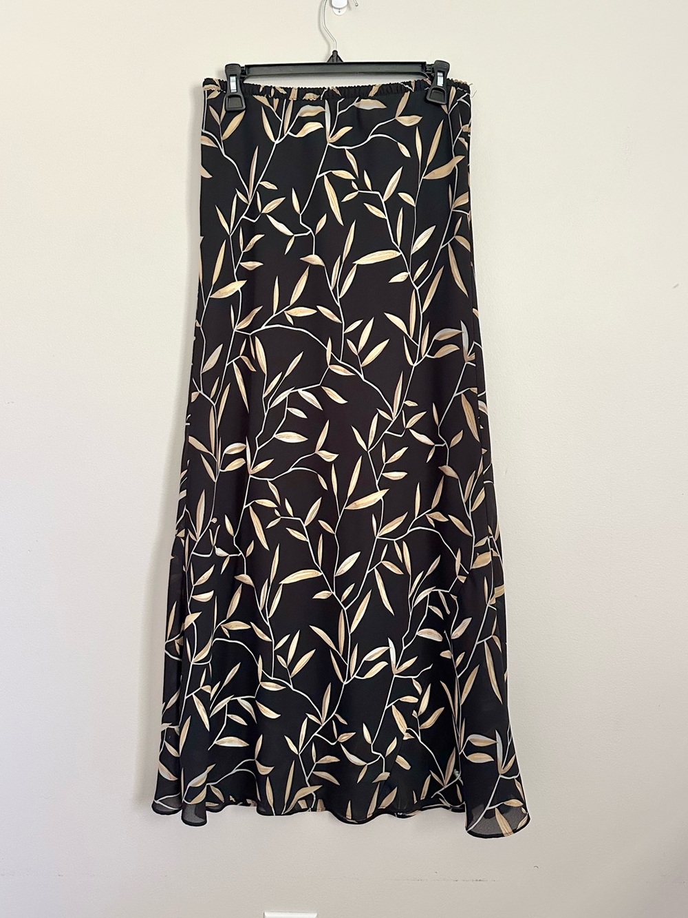 Vintage 90s Black Mesh Maxi Slip Skirt Leaf Print Size Large Boho Soft Grunge